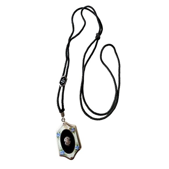 Antique Art Deco Enamel & Sterling Locket Necklace (A4155)